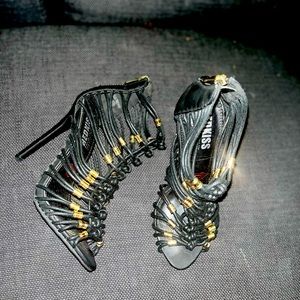 Strappy gold studded sandal heels